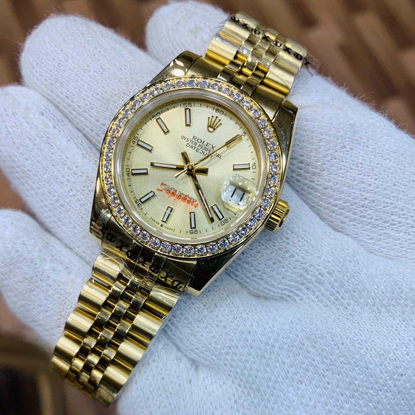 Rolex Women 31mm Date Just Gold Dial and Stone Bezel With Gold Jubilee Bracelet