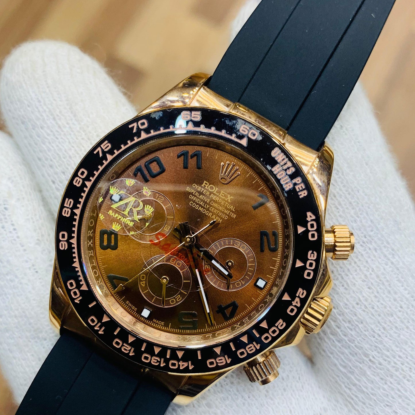 Rolex Men 40mm Daytona Chronograph Brown Dial Oyster flex Black Rubber Strap