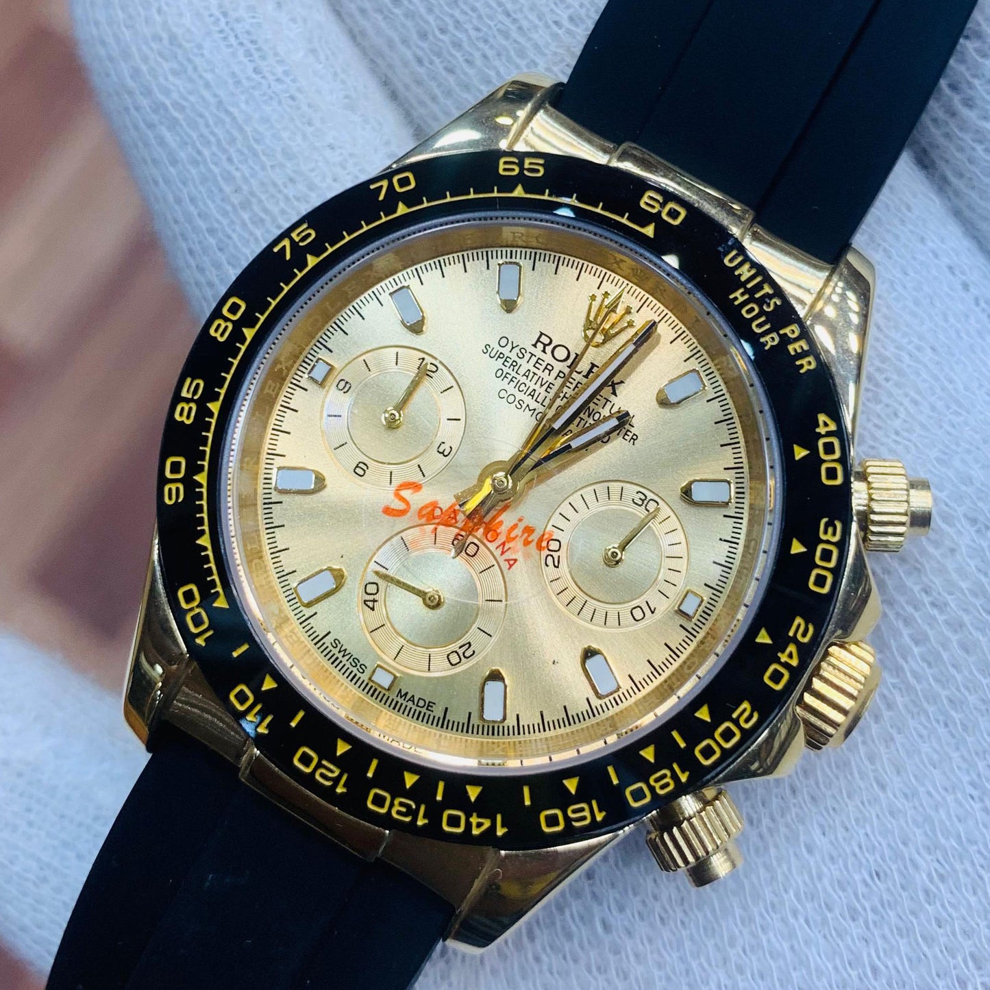 Rolex Men 40mm Daytona Chronograph Gold Dial Oyster flex Black Rubber Strap