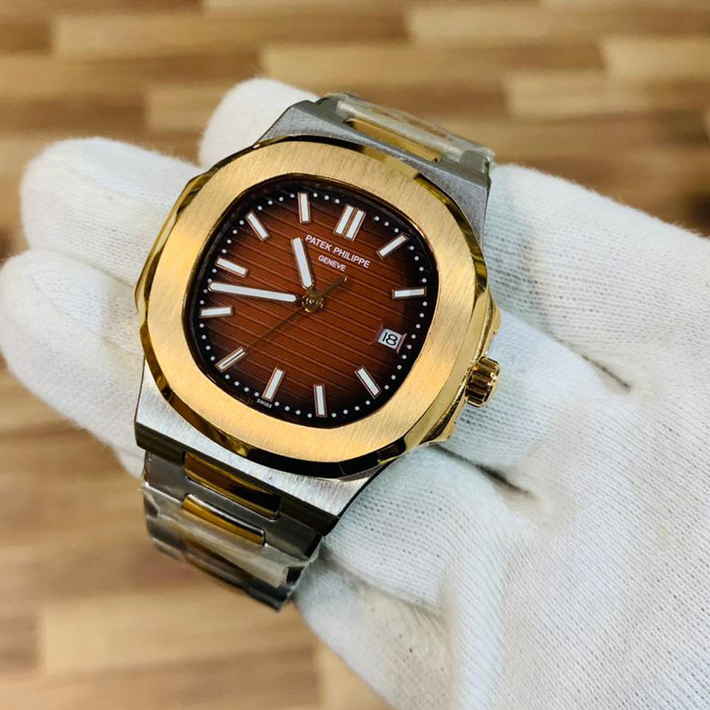 Patek Philippe Men Moon Phase Brown Dial With Two-Tone Bracelet