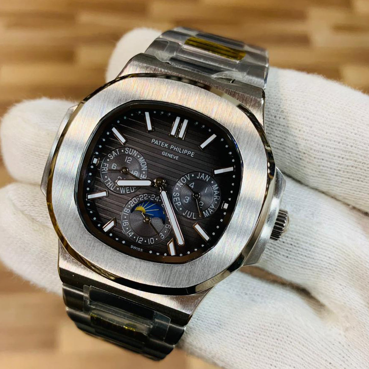 Patek Philippe Men Moon Phase chronograph Black Dial With Steel Bracelet