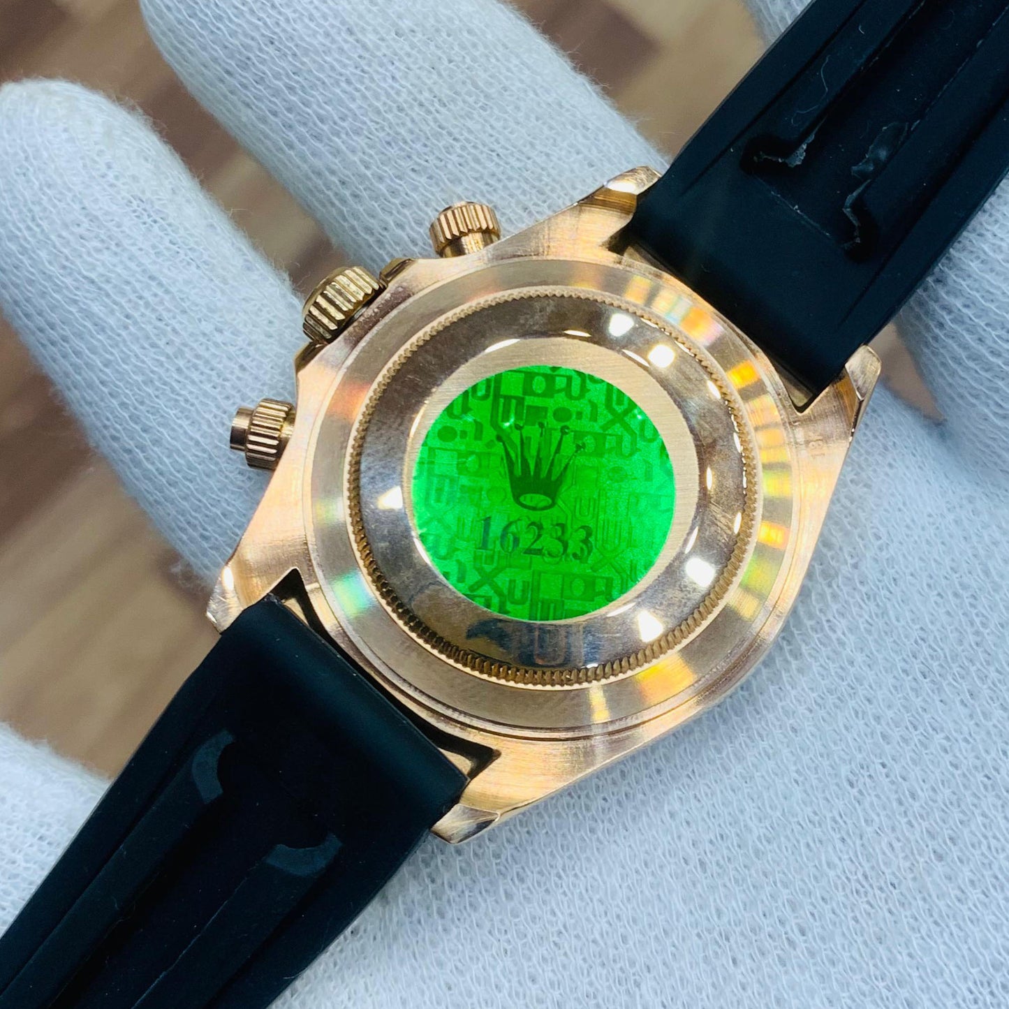 Rolex Men 40mm Daytona Black Dial Oyster flex Rose Gold Bezel Rubber Strap