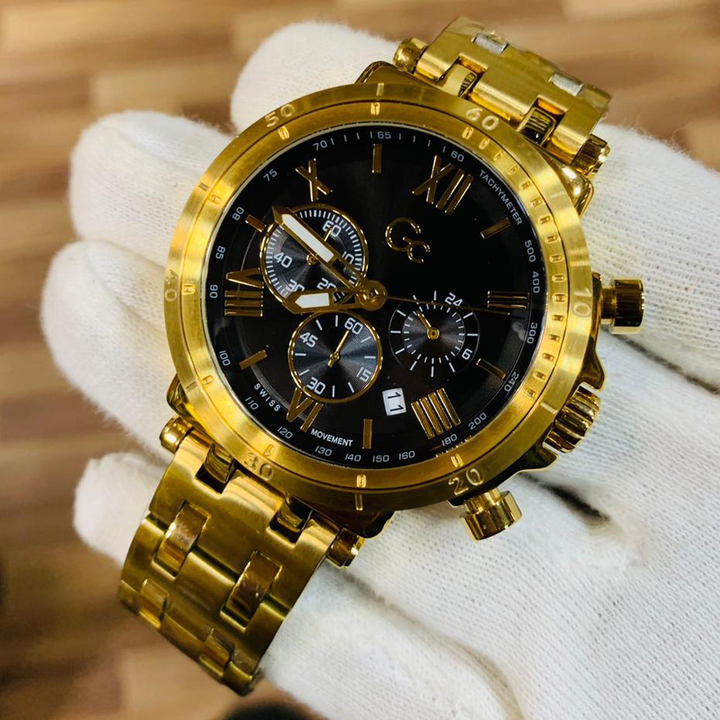 Gc Men Insider Chronograph Black Roman Dial With Gold Bracelet