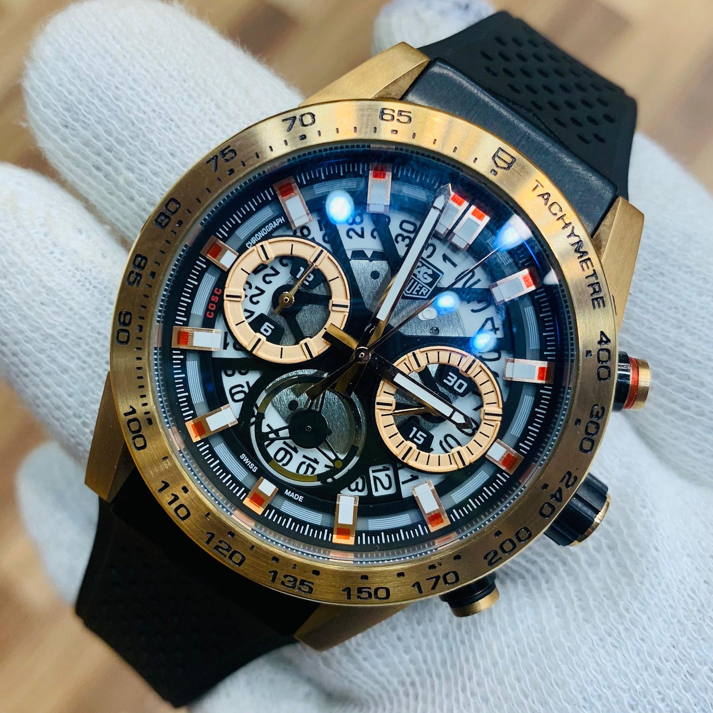 Tag Heuer Men 43mm Carrera Chronograph black leather strap.