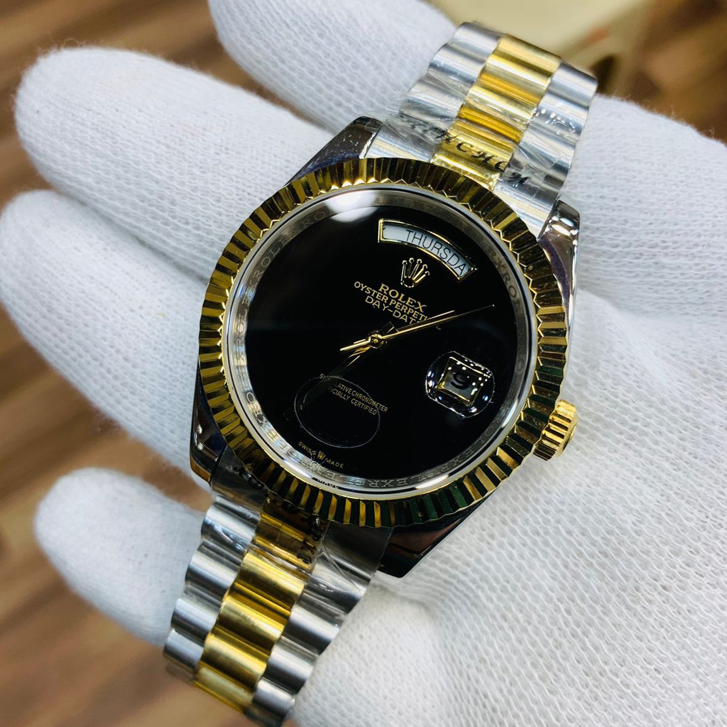 Rolex Men 41mm Black Dial Day-Date Two Tone President Bracelet