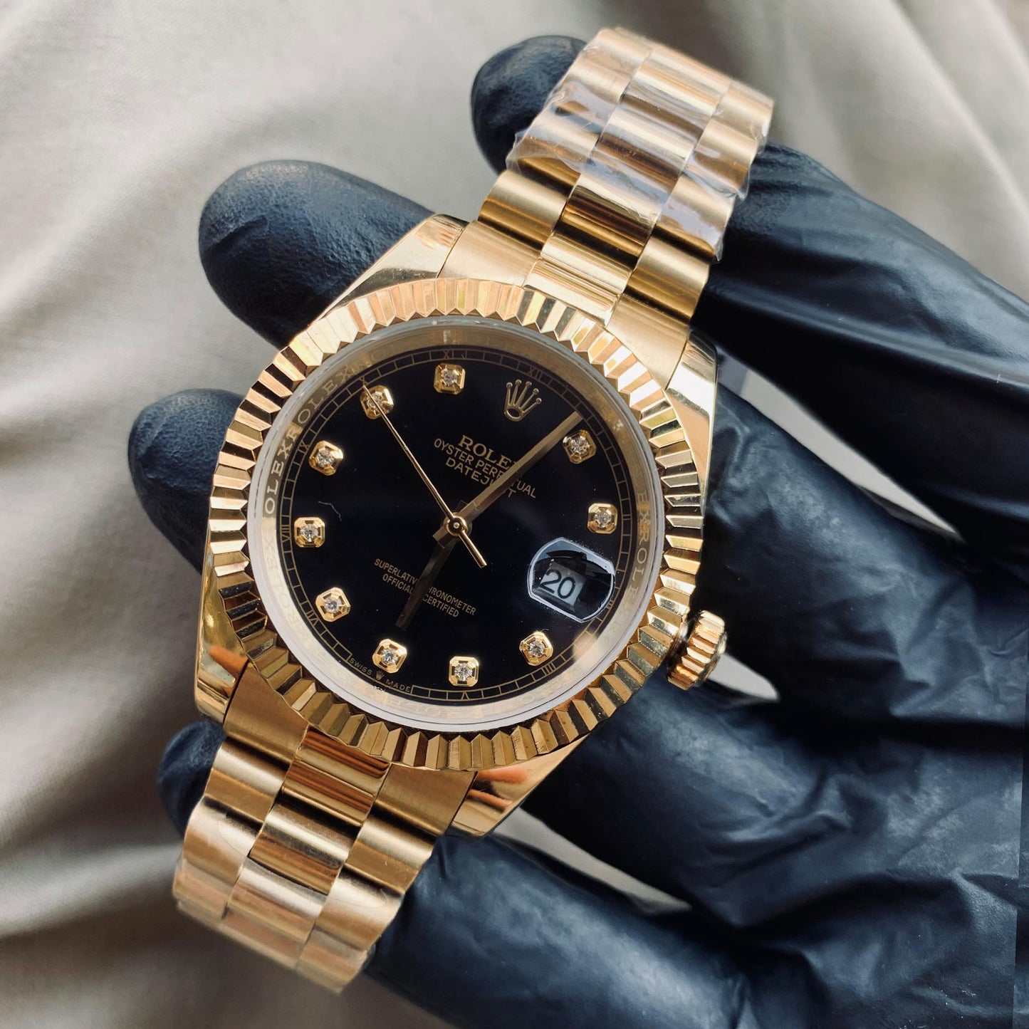 ROLEX 41MM Date Just Black Diamond Dial Yellow Gold President Bracelet