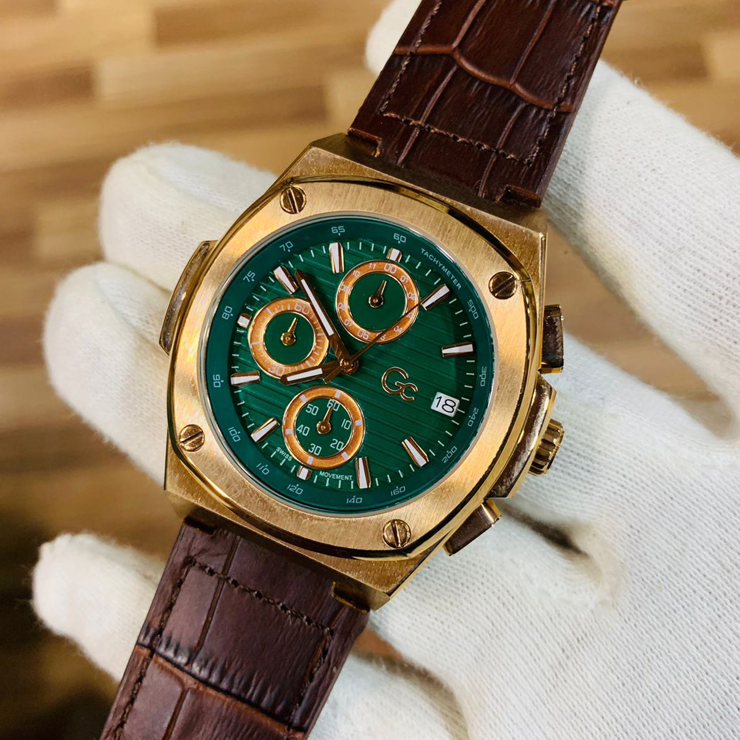 Gc Men chronograph Green Gold Dial Lather Brown Strap