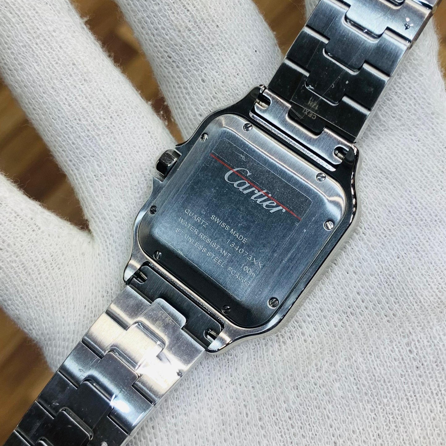 Cartier Men Santos Roman Bule Dial Steel Bracelet