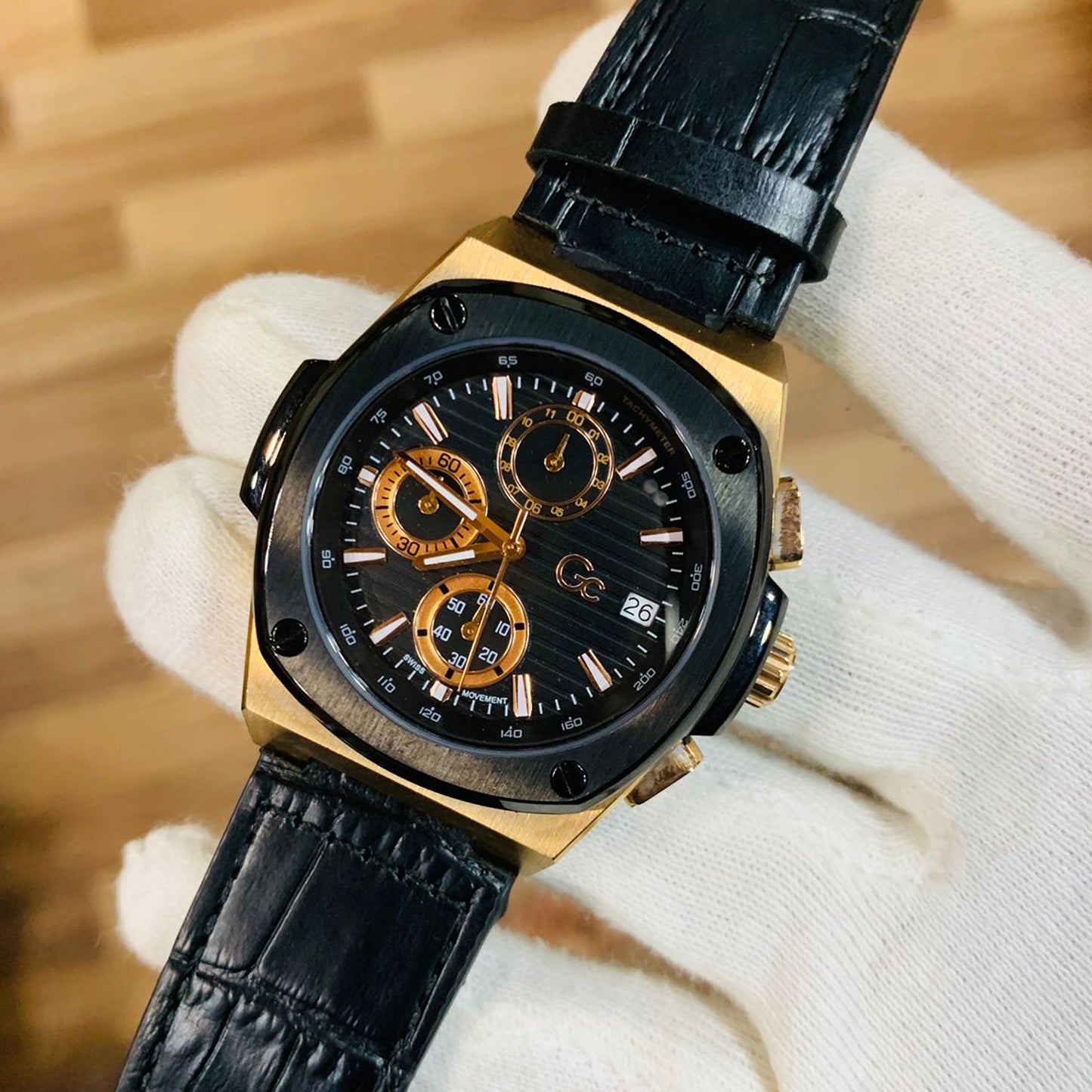 Gc Men chronograph Black Gold Dial Lather Black Strap