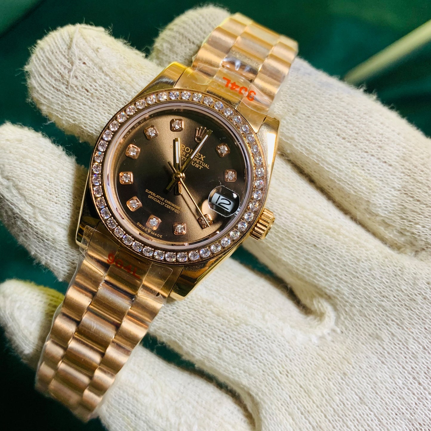 Rolex Women Date just 31mm Chocolate Diamond Dial Rose Gold President Bracelet