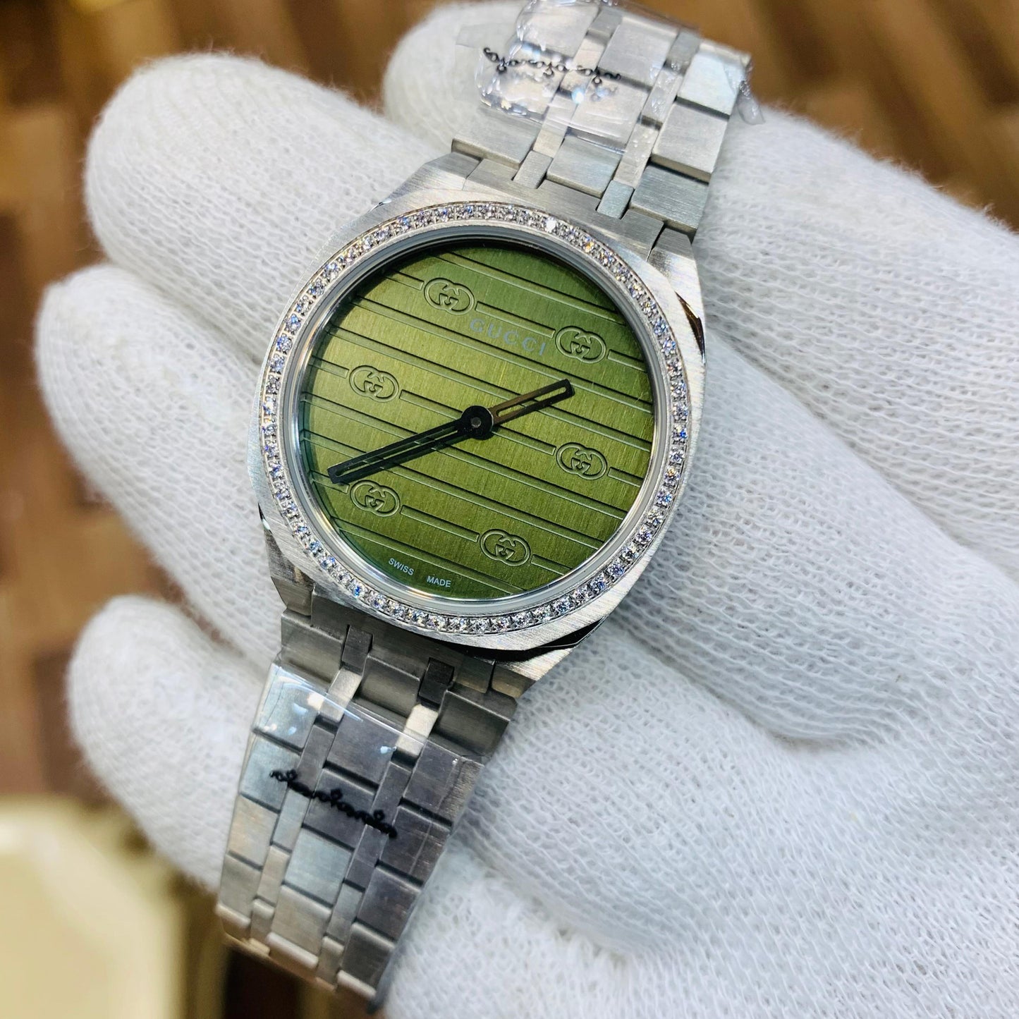 Gucci Women Green Dial Stone Bezel With Steel Bracelet