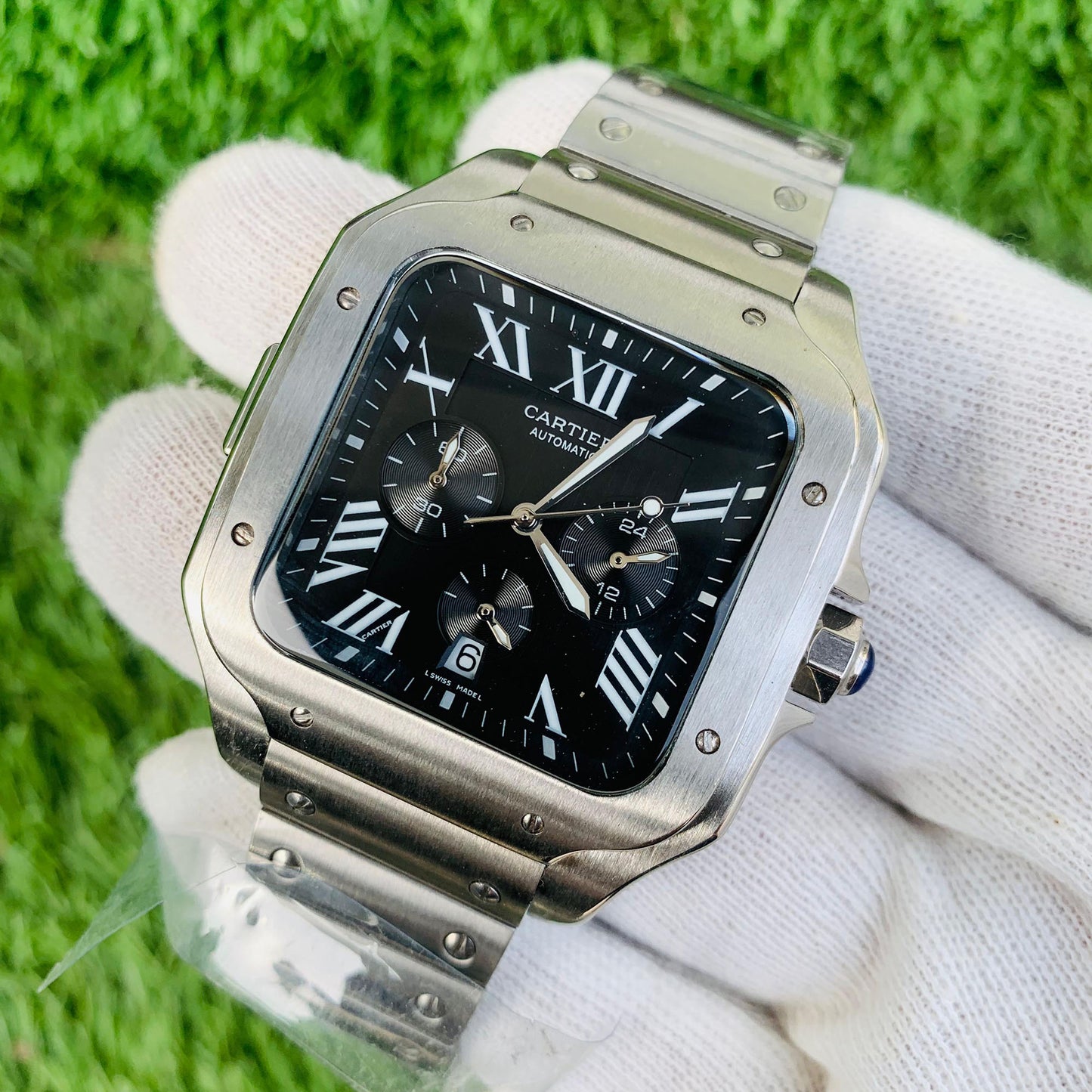 CARTIER Square Chronograph Silver With Roman  Black Dial Chain