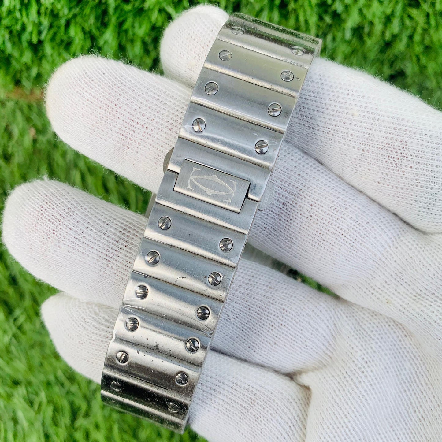 CARTIER Square Chronograph Silver With Roman  Black Dial Chain
